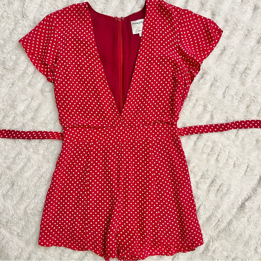 Privacy Please Red and White Polka Dot Short Sleeve Romper